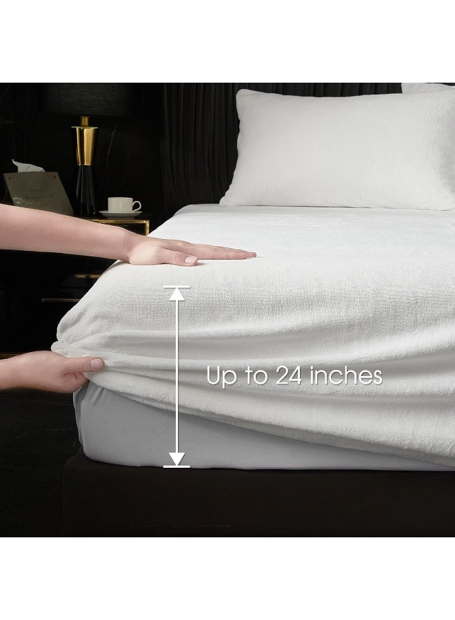 HYPREST Flannel Sheets Queen, Deep Pocket Queen Sheets Up to 24" Inches，250 GSM Velvet Plush Fleece Warm No Slip Bed Sheet Sets White - Image 3